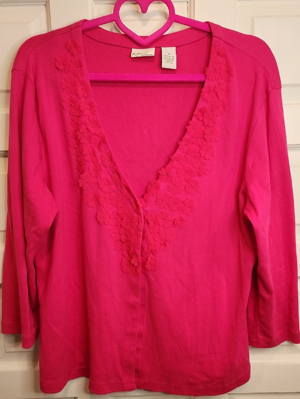 Kim Rogers Hot Pink Cotton 1 Snap Close 3/4 Sleeve XL, 3D Flowers V-Neck